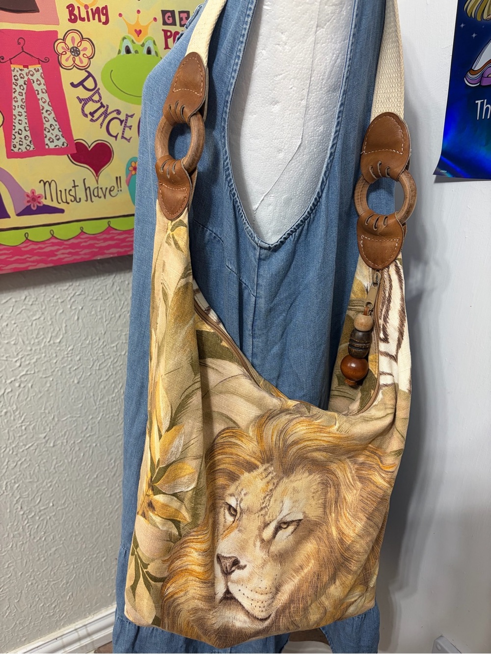 Ponte Vecchio Lion Print Canvas Shoulder Bag with Wood Bead Accents